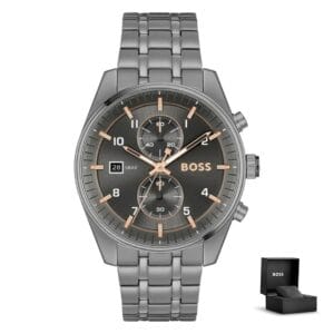 Moška ura Hugo Boss Skytraveller 1514153 v črni barvi z rose gold kazalci in škatlico