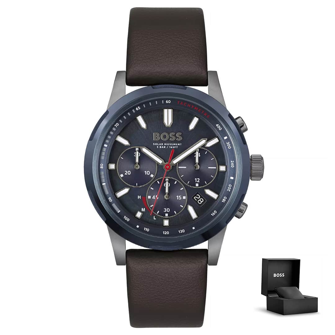 Moška ura Hugo Boss Solgrade 1514030 s temno modro številčnico, rjavim usnjenim paščkom in darilno škatlico
