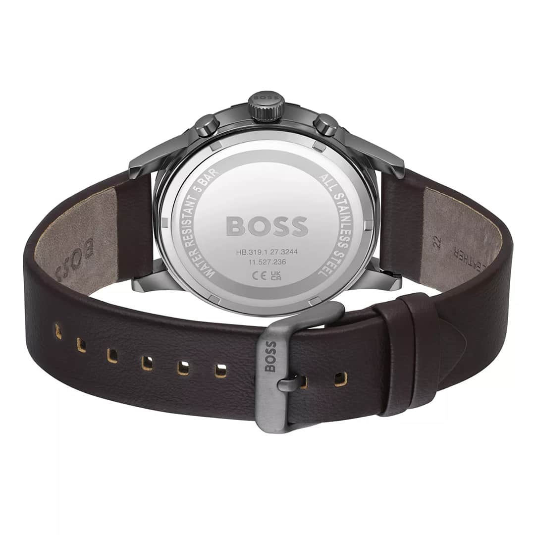 Zadnja stran ure Hugo Boss Solgrade 1514030 z gravuro in rjavim usnjenim paščkom