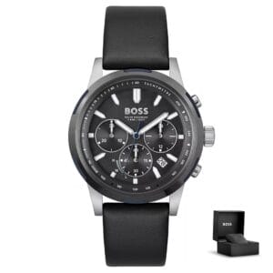 Moška ura Hugo Boss Solgrade 1514031 s črno številčnico, črnim usnjenim paščkom in darilno škatlico