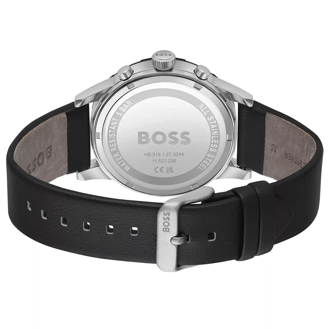 Hrbtna stran ure Hugo Boss Solgrade 1514031 z gravuro in črnim usnjenim paščkom