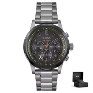 Moška ura Hugo Boss Solgrade 1514034 z olivno zelenim obročem, črno številčnico in darilno škatlico