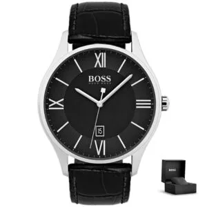 Moška ročna ura Hugo Boss Governor 1513485 s črno številčnico, rimskimi številkami, usnjenim paščkom in darilno škatlico